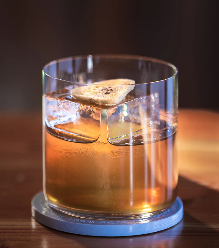 Clear ice served in a rocks glass