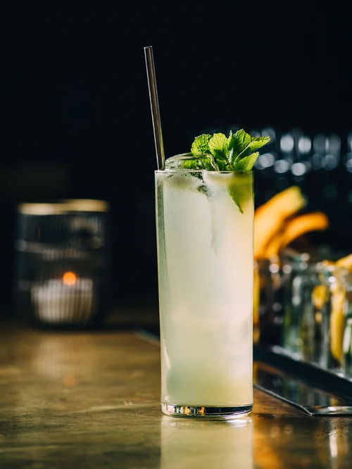Tall cocktail served with clear ice